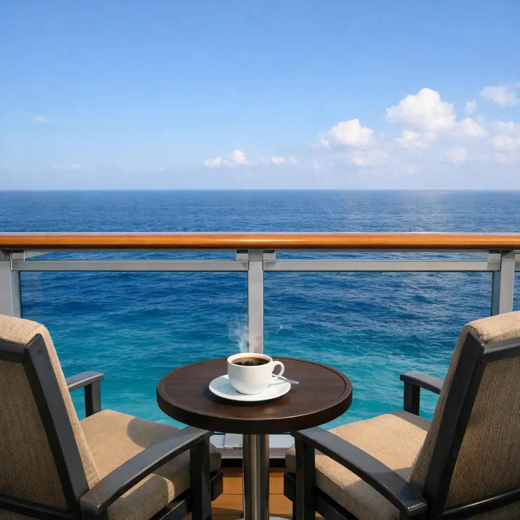 View from a cruise ship balcony showing two chairs, a small table, and a calm blue ocean