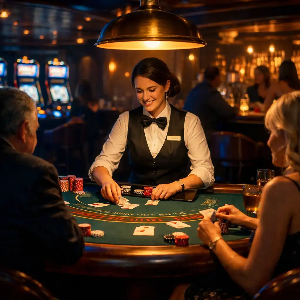 Atmospheric evening scene at a blackjack table in a cruise ship casino with warm pendant lighting and guests