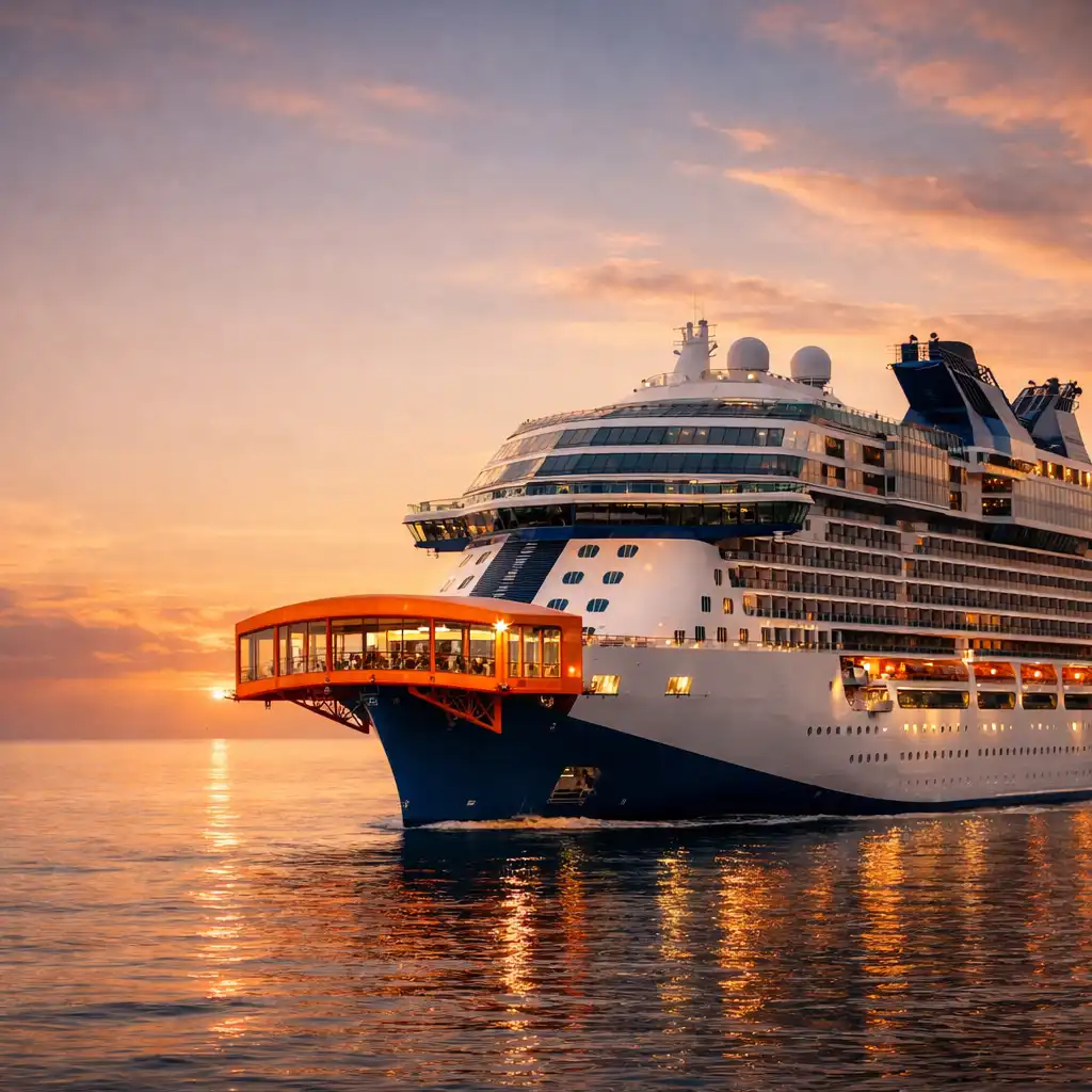 Celebrity Edge with its Magic Carpet platform extended over the sea