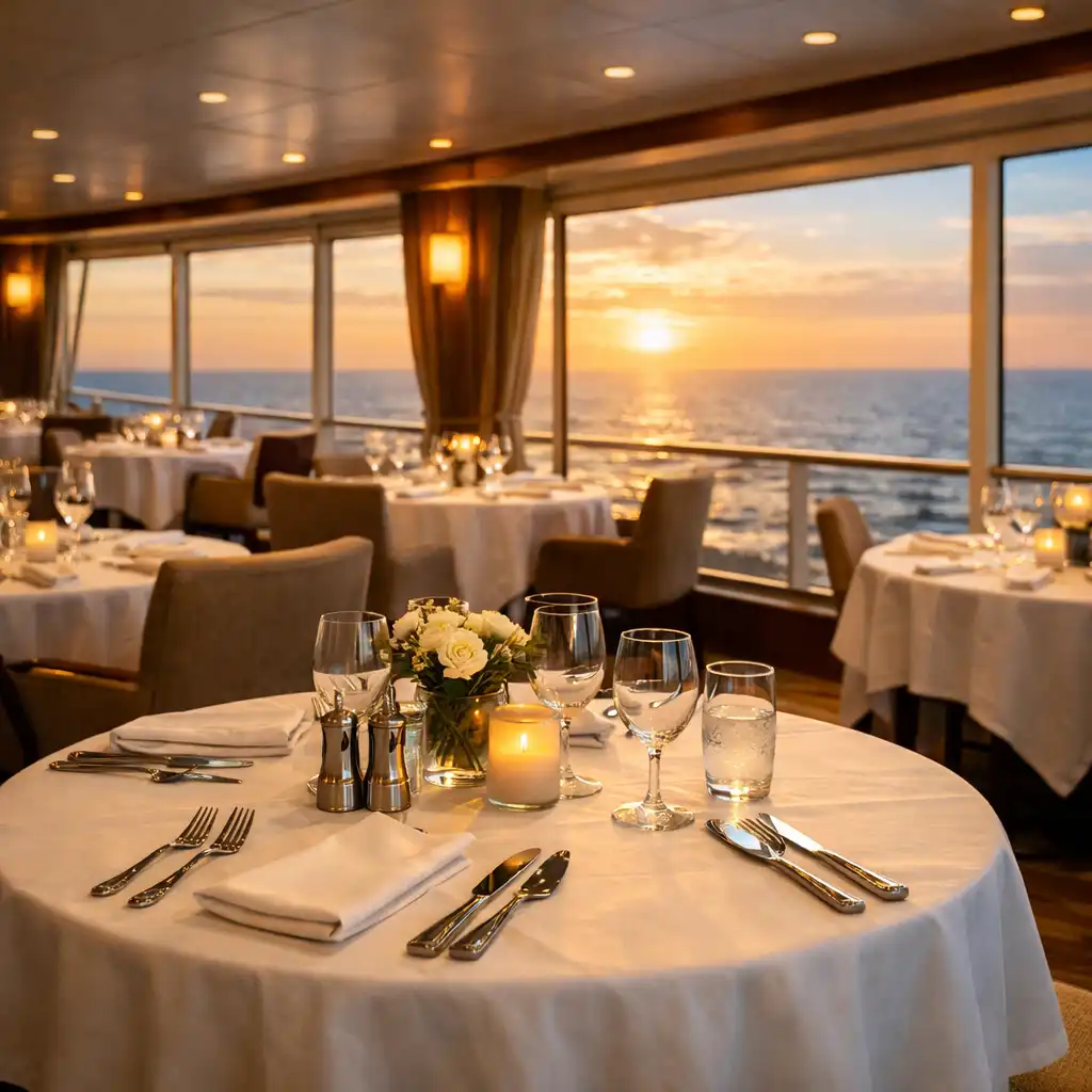 Elegant cruise ship dining room with panoramic ocean views at golden hour