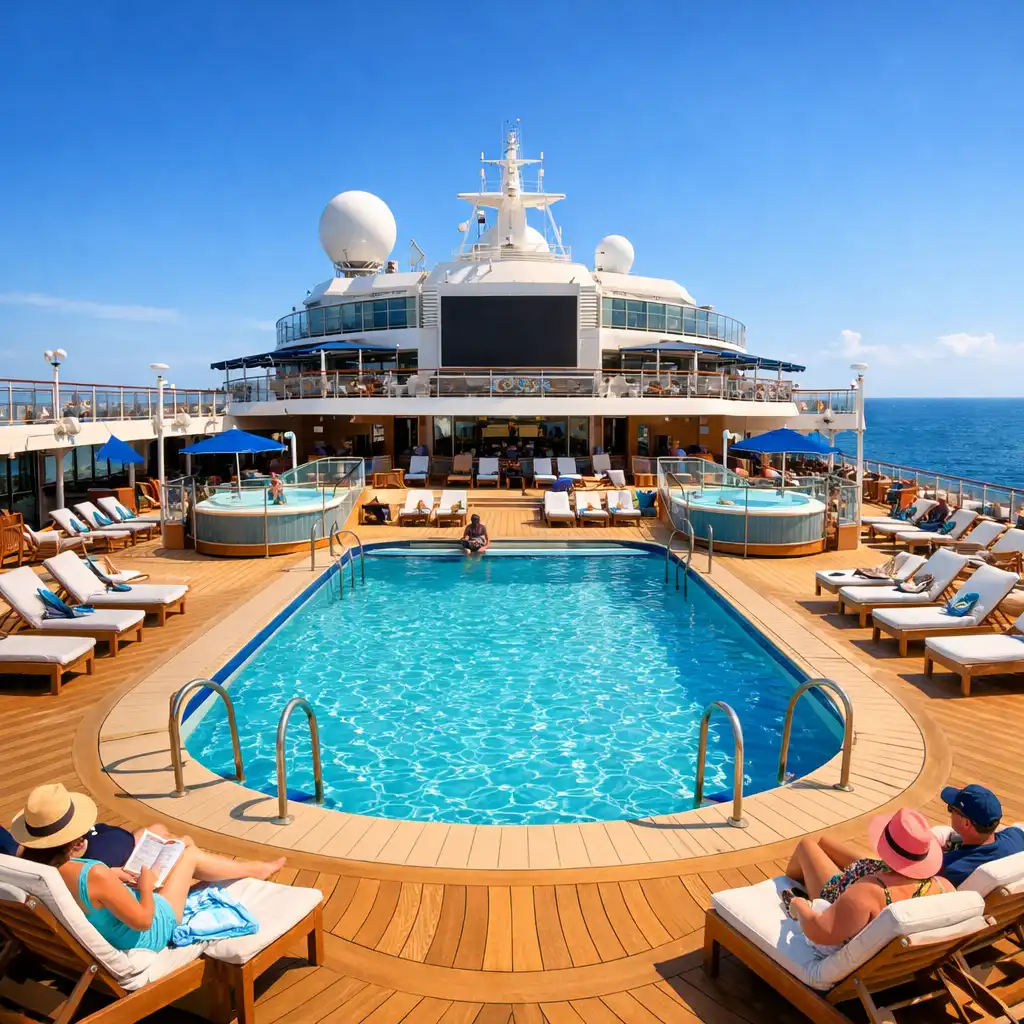 Cruise ship pool deck with turquoise water, loungers, and ocean horizon