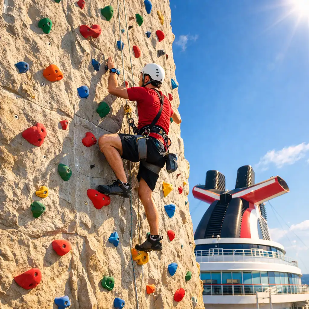 Cruise ship rock climbing wall with climber ascending against a clear sky
