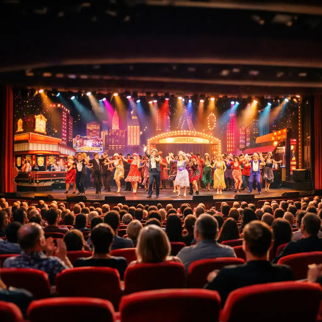 Packed cruise ship theatre during a Broadway-style production with colourful stage lighting