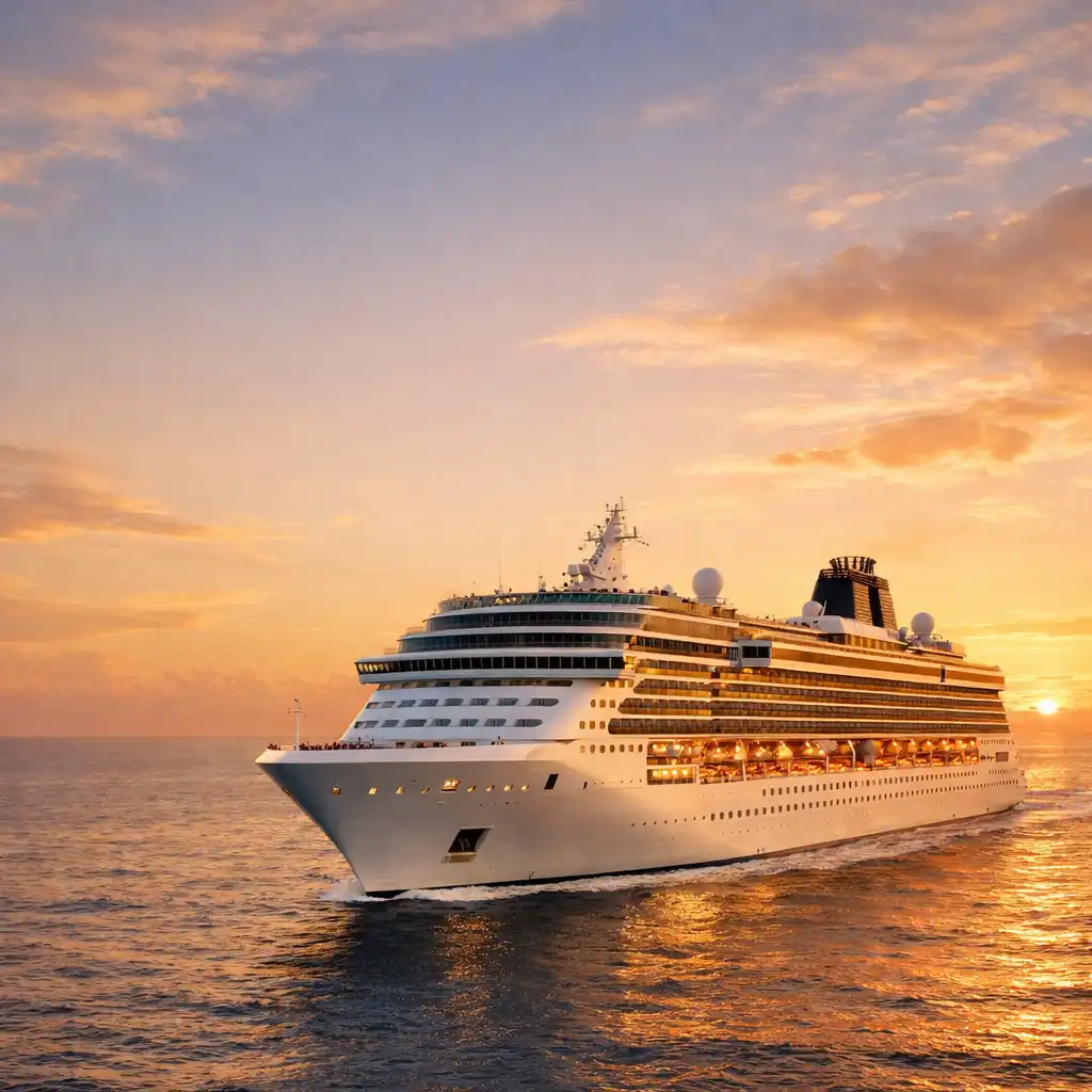 A majestic cruise ship sailing on calm ocean waters at golden hour