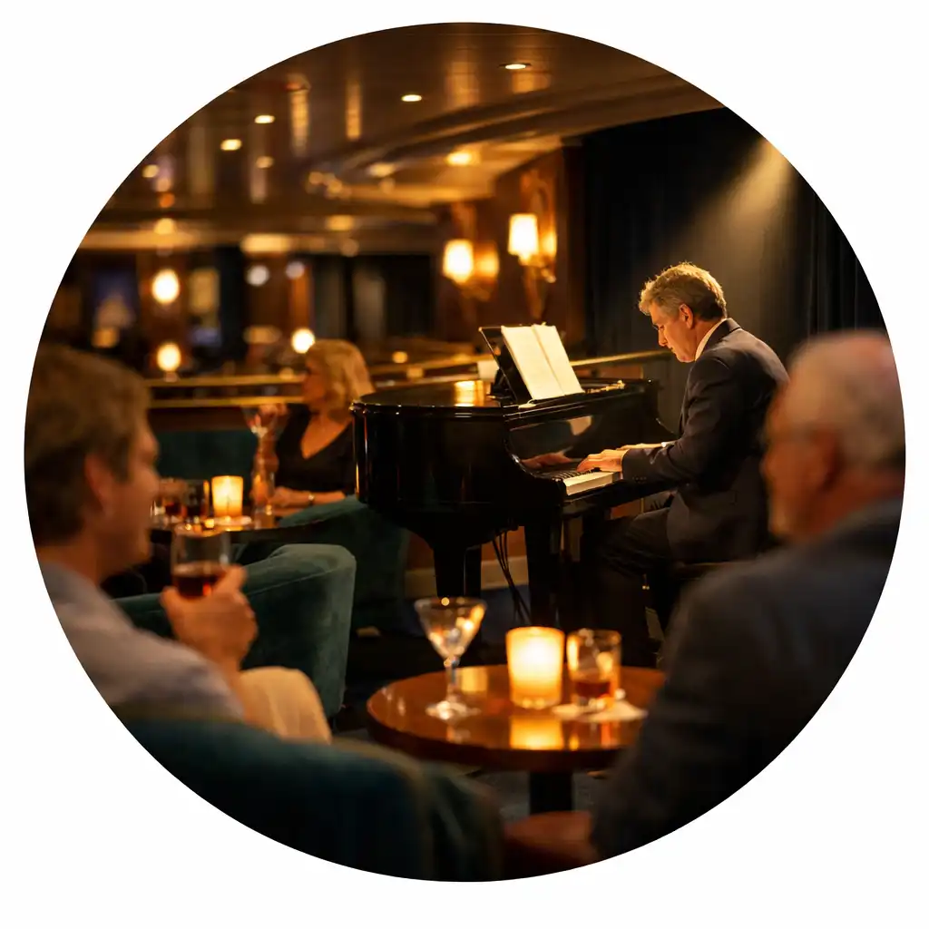 Solo pianist performing in an intimate cruise ship lounge with warm ambient lighting