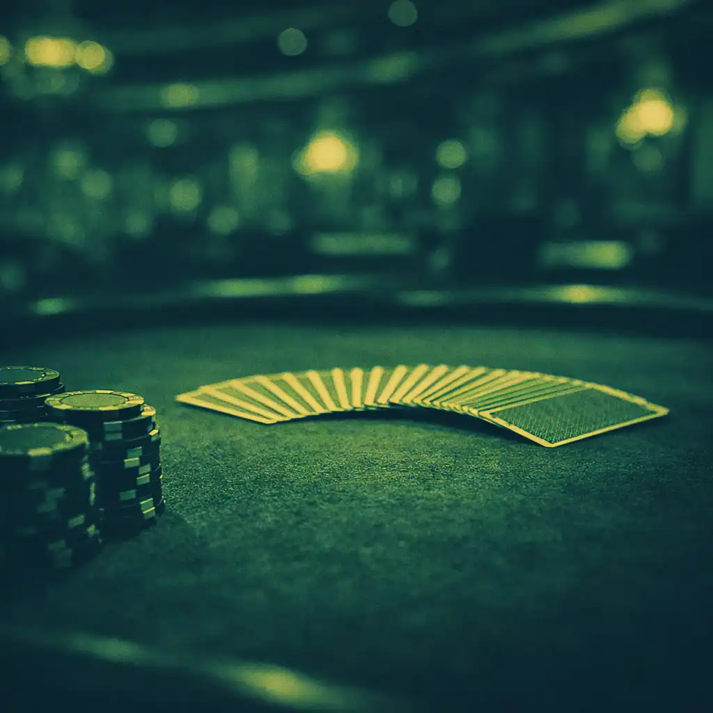 Close-up of a professional poker table on a cruise ship with green felt, colorful chips, and playing cards