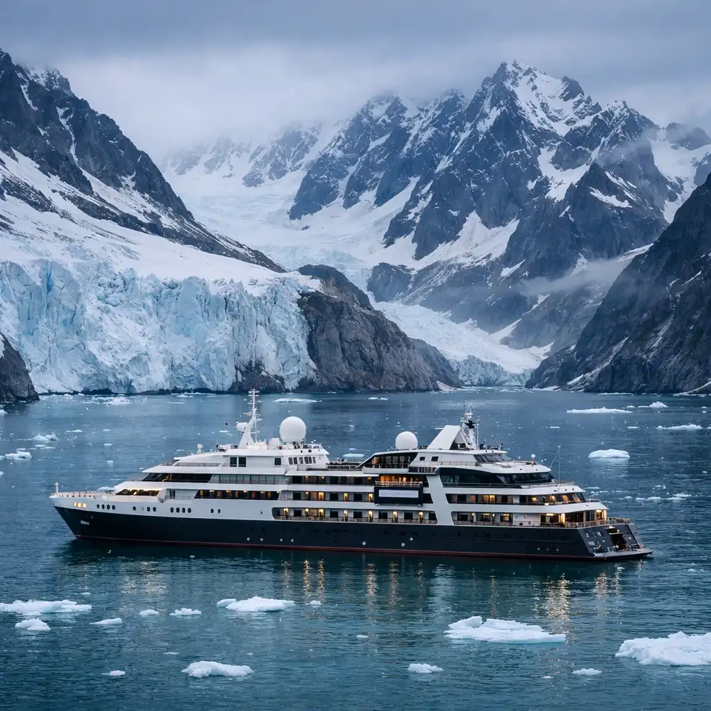 Scenic Eclipse anchored in a remote icy bay with mountains behind