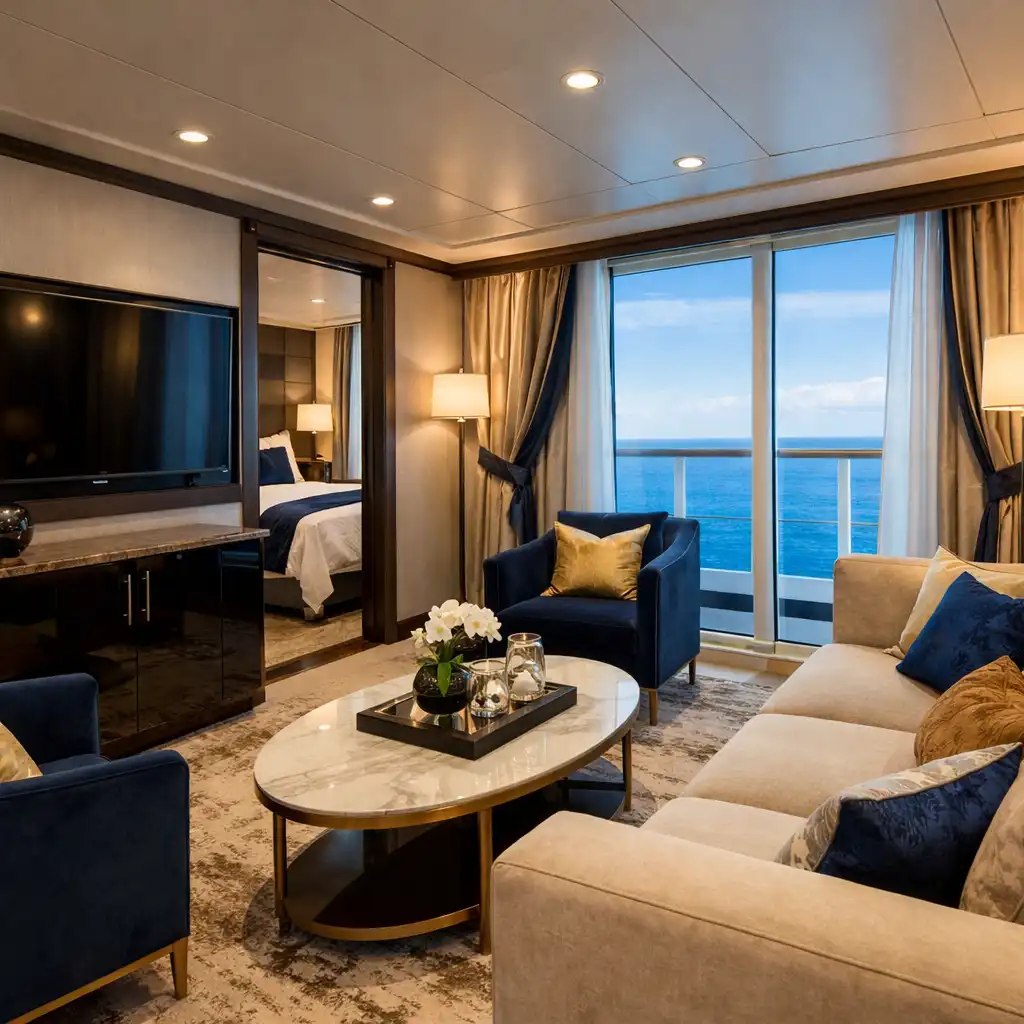 Elegant suite living area with plush sofa, coffee table, large windows, and ocean view